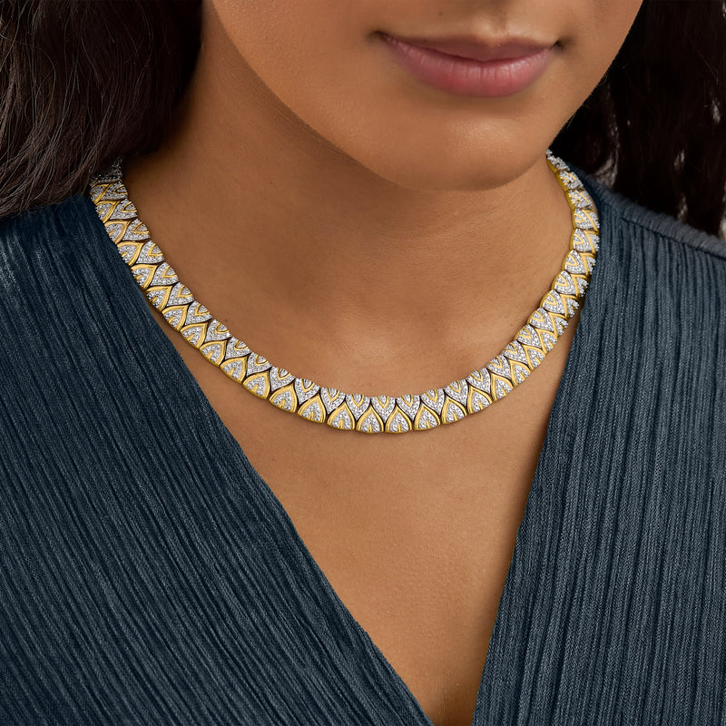 Gold diamond-like collar necklace with repeating teardrop links along the neckline