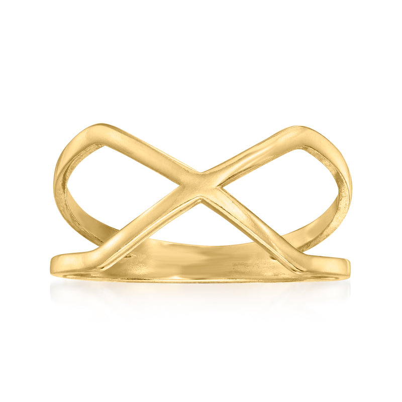 14kt yellow gold crisscross ring with open X-shaped band, polished finish