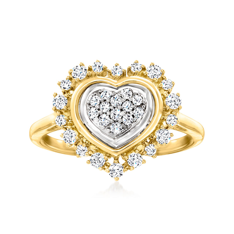 Two-tone sterling silver heart ring with diamond halo and pavé heart center