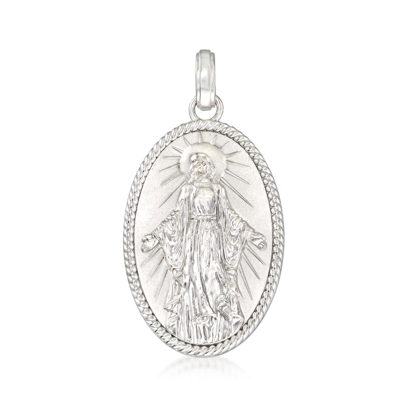 Sterling silver Virgin Mary oval pendant with rope border and hinged bail