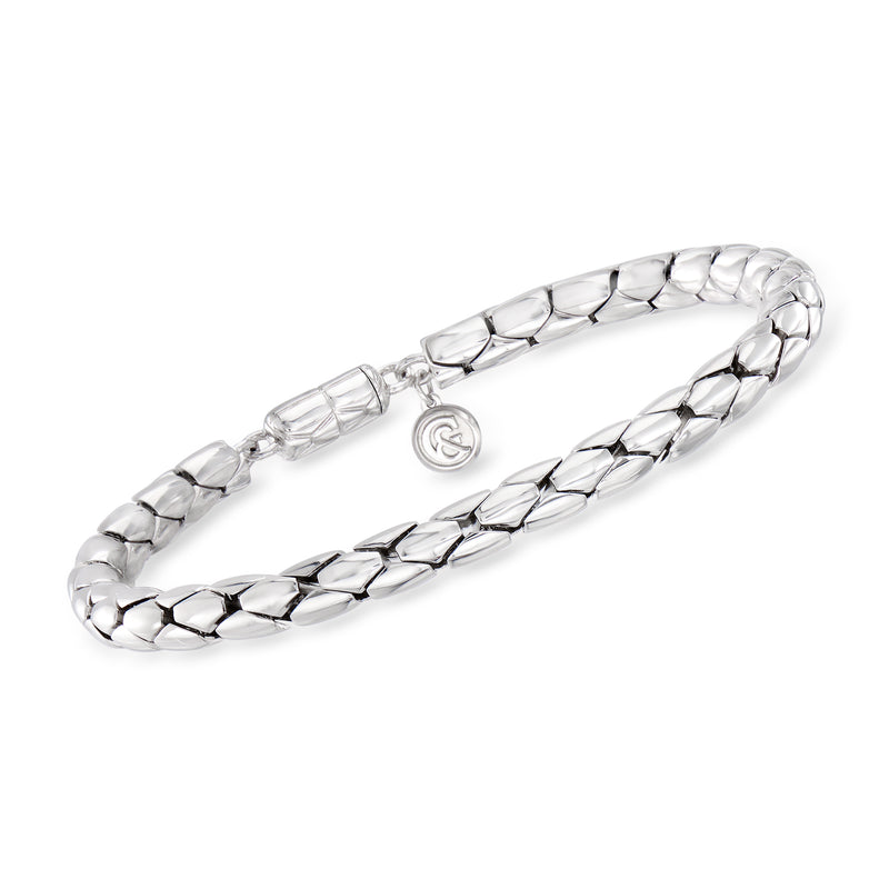 Men's sterling silver tubular chain bracelet with circular logo clasp