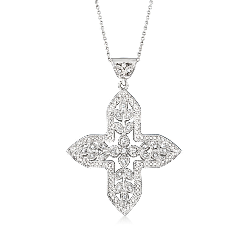 Sterling silver diamond-look vintage cross pendant necklace