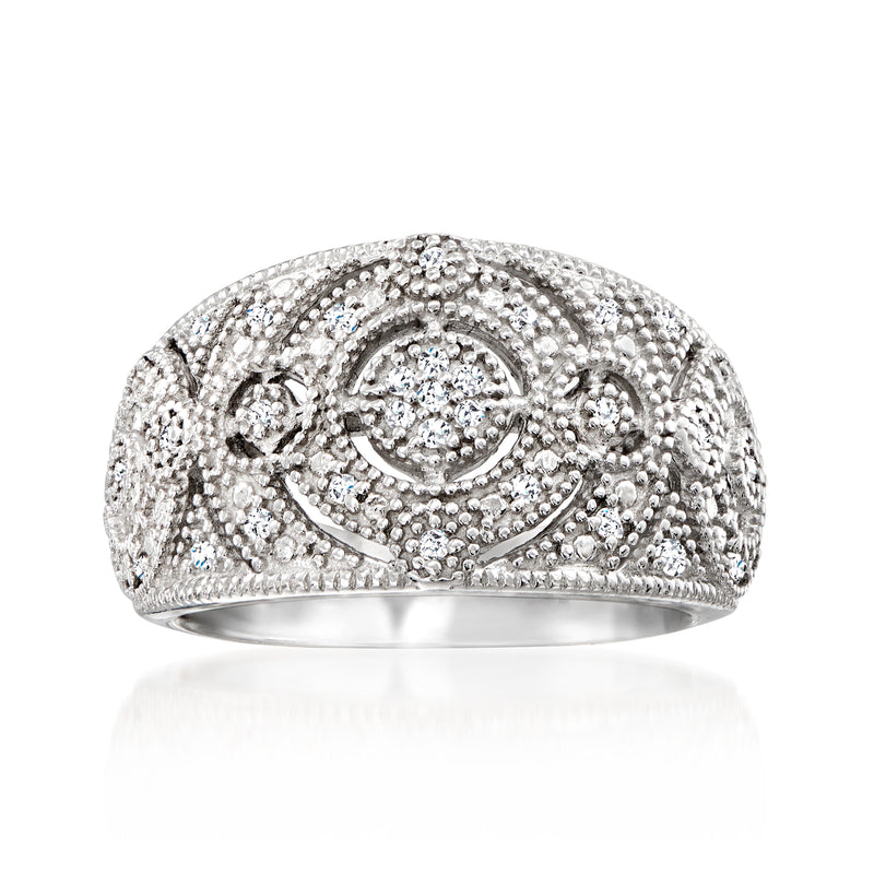 Sterling silver vintage-style milgrain diamond-look ring with round halo centerpiece