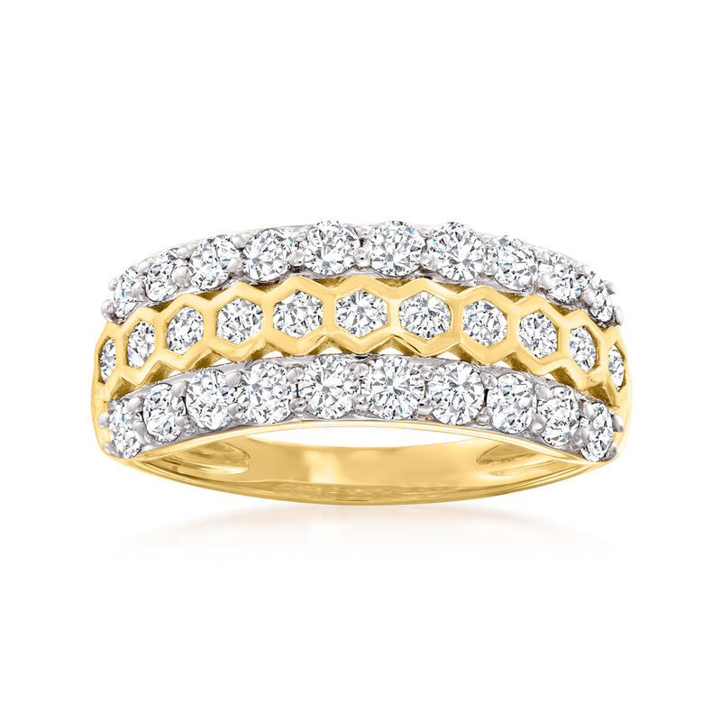 Honeycomb diamond ring in 14kt yellow gold, pave-set round diamonds, scalloped top