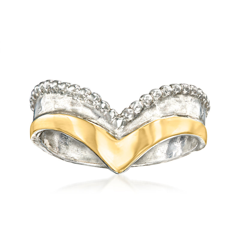 V-shaped sterling silver ring with yellow gold center and beaded edge detailing