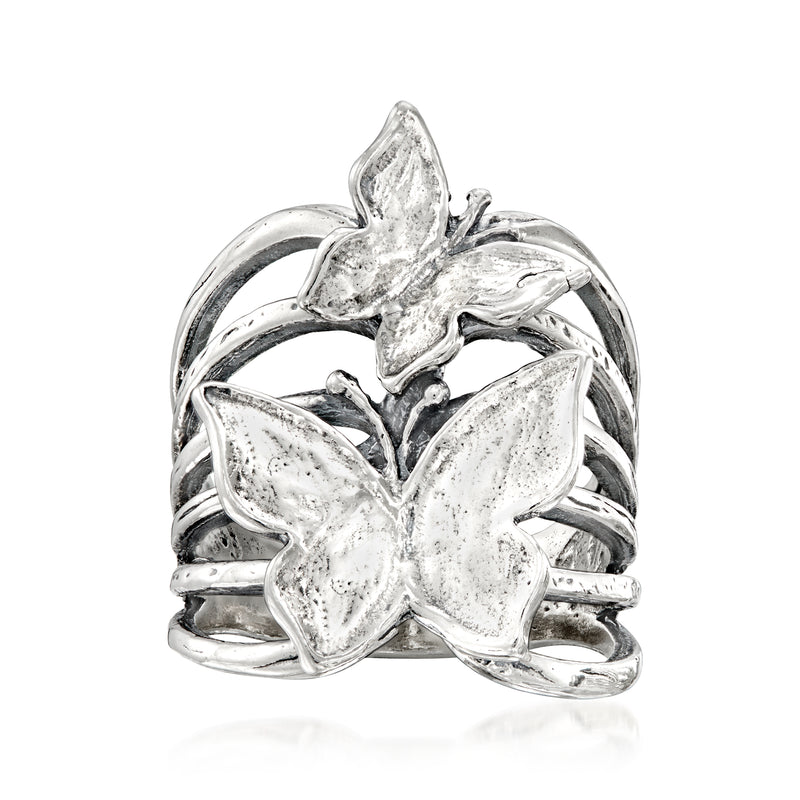 Sterling silver multi-row butterfly ring with three raised butterfly shapes