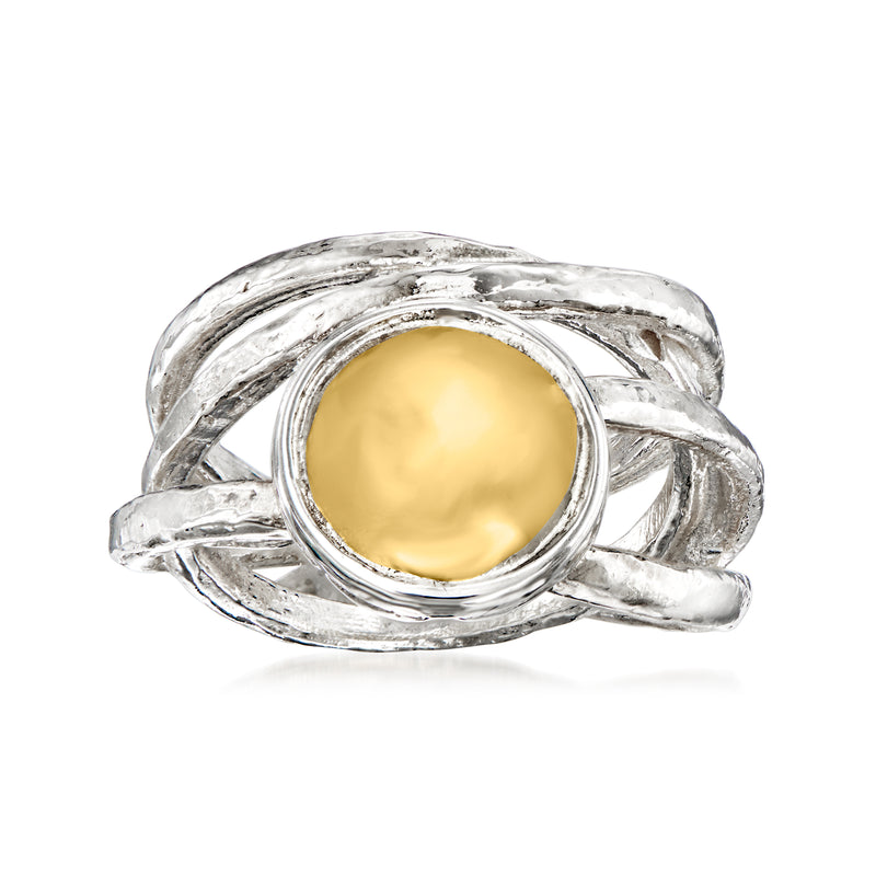 Two-tone multi-row circle ring with oval gold center in sterling silver