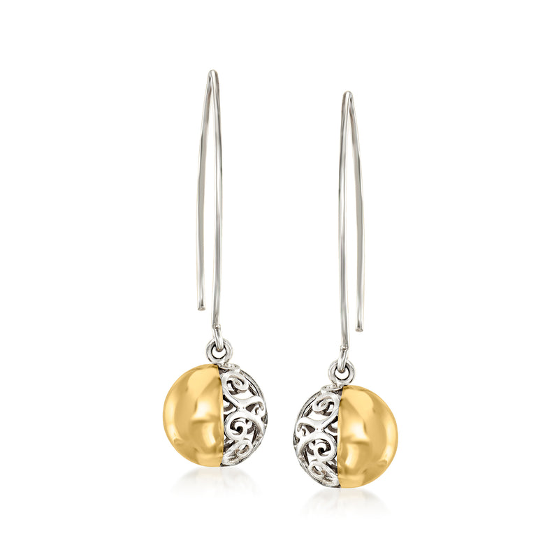 Sterling silver reversible ball drop earrings with 14kt yellow gold filigree panels
