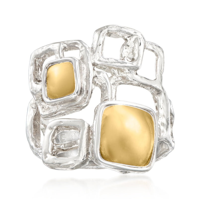 Geometric cube ring with yellow gold square insets in sterling silver