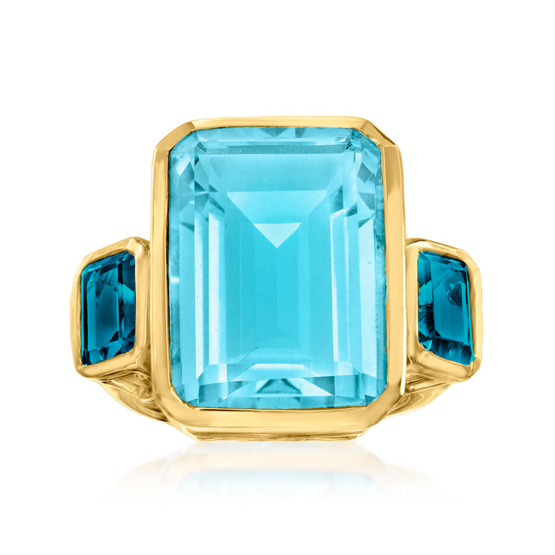 18kt gold over sterling three-stone ring with blue square-cut center quartz and topaz accents