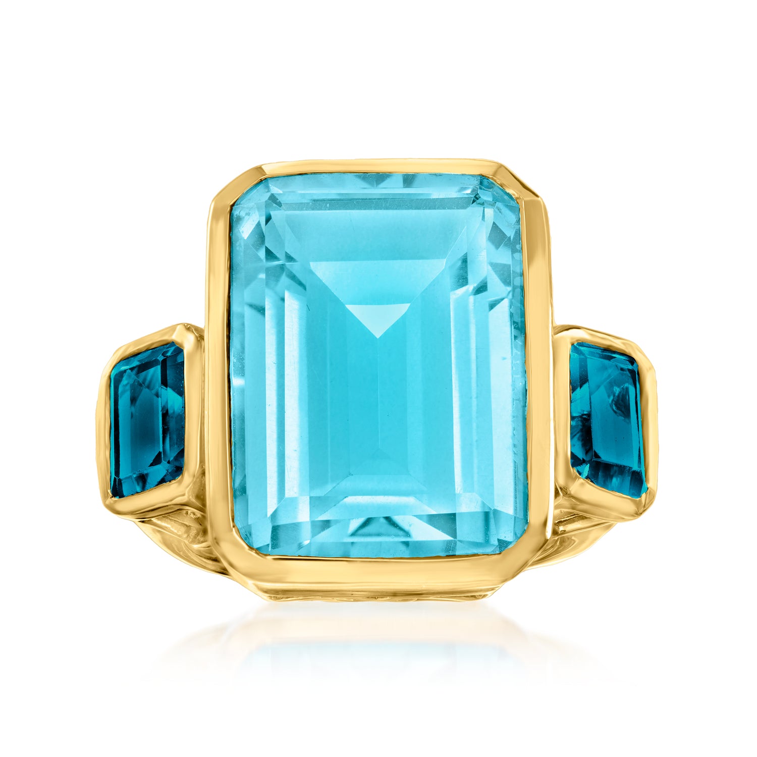 14.00 Carat Blue Quartz and 2.20 ct. t.w. London Blue Topaz Three-Stone Ring in 18kt Gold Over Sterling