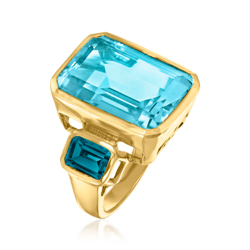 18kt gold over sterling three-stone ring angled view, showing blue square-cut center quartz