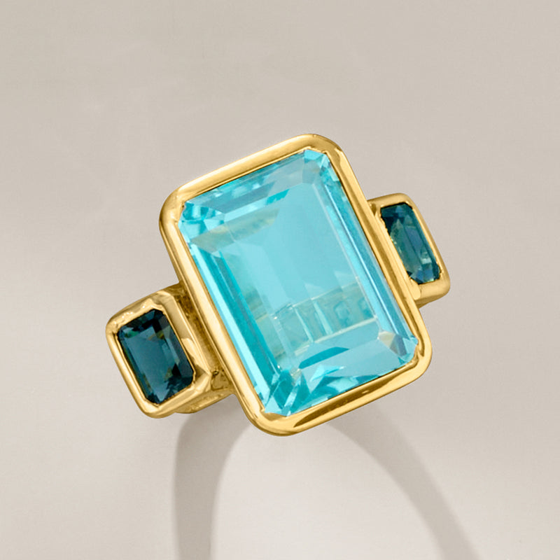 18kt gold over sterling three-stone ring with square-cut blue center quartz and blue topaz sides
