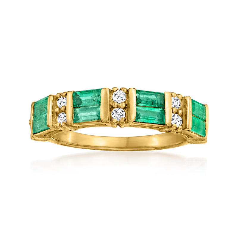 14kt yellow gold emerald and diamond ring with green emerald-cut stones