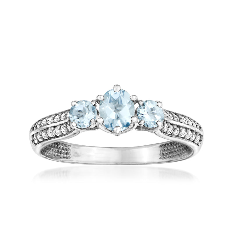 Aquamarine and diamond three-stone ring in 14kt white gold
