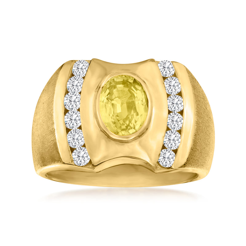 14kt yellow gold ring with oval yellow sapphire center and round diamond side accents