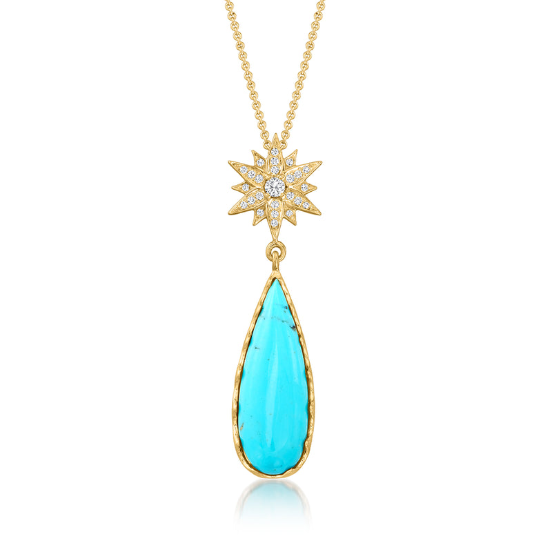 Yellow gold star pendant necklace with turquoise teardrop drop and diamond-like accents