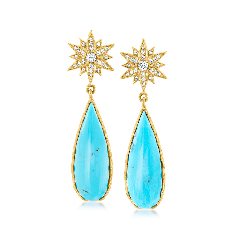 14kt yellow gold star drop earrings with turquoise teardrop and diamond accents