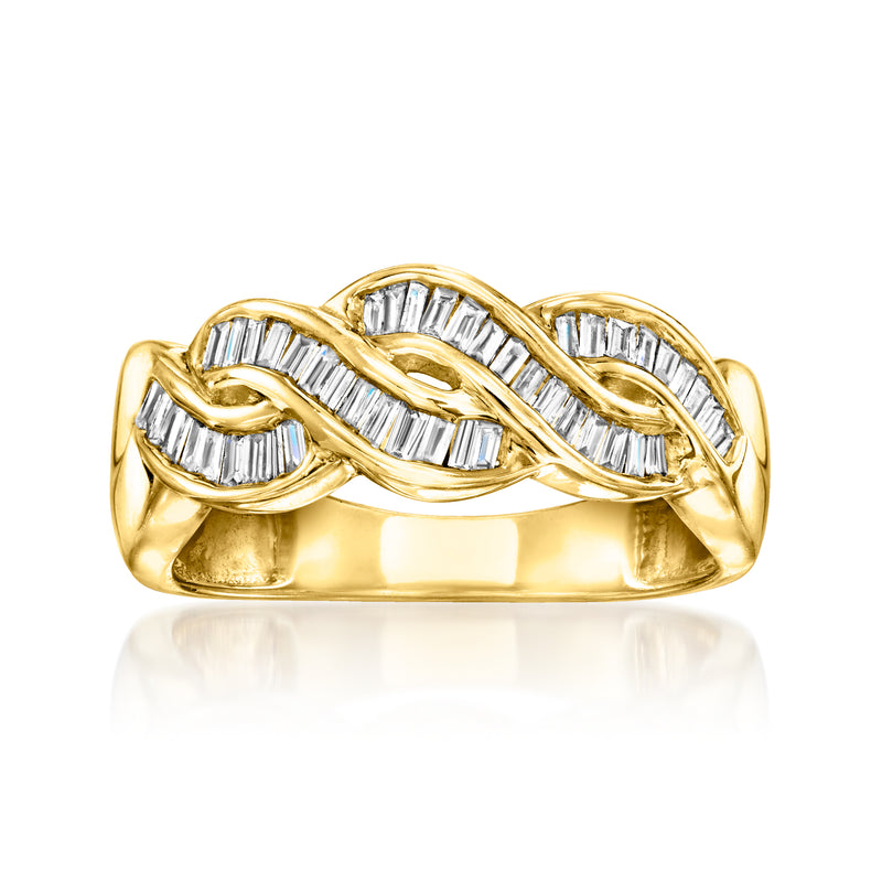 Twisted baguette diamond ring in 18kt gold over sterling, three arched rows