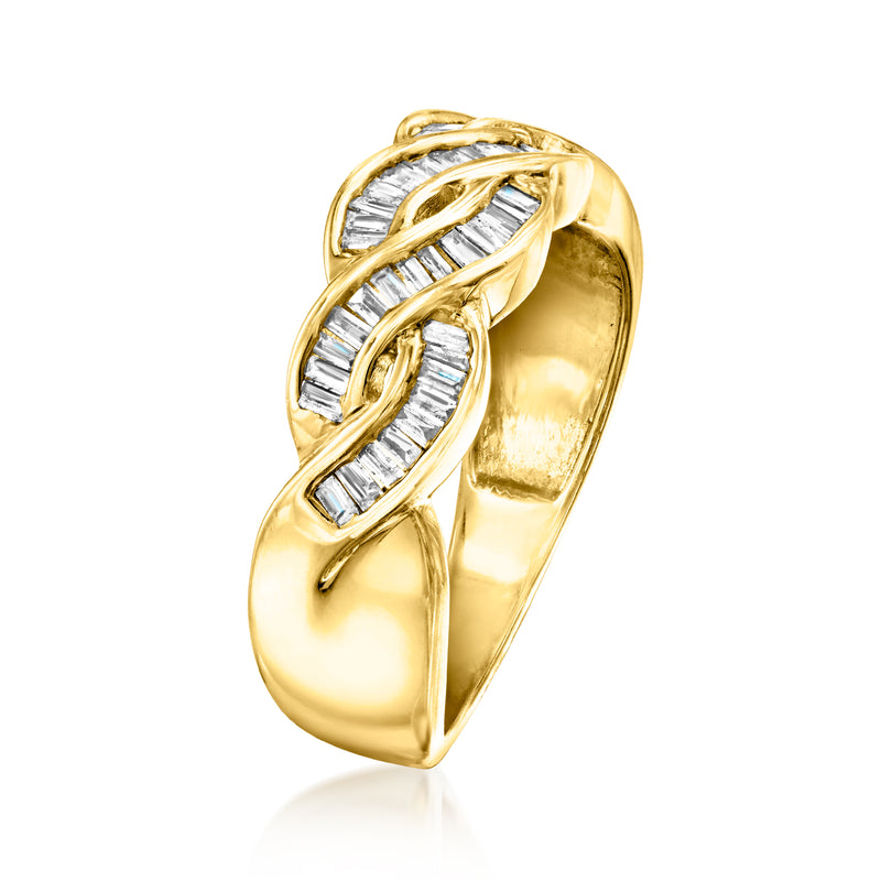 Twisted baguette diamond ring, side view with gold rope-like setting and diamonds