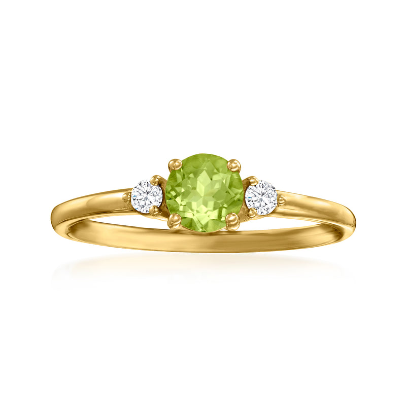 14kt yellow gold ring with green peridot center and two round diamond accents