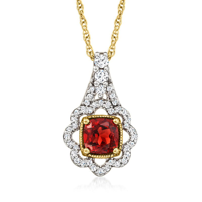Gold pendant necklace with square red garnet center and white topaz halo, with chain