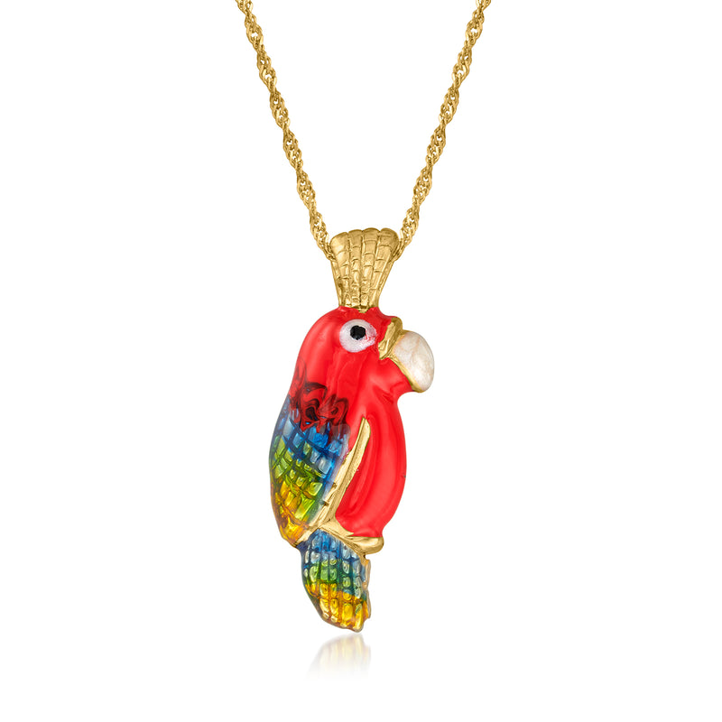 Parrot enamel pendant necklace with red and multicolor bird on gold-tone chain