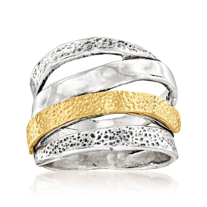 Textured and polished multi-row ring with gold center band and silver outer bands