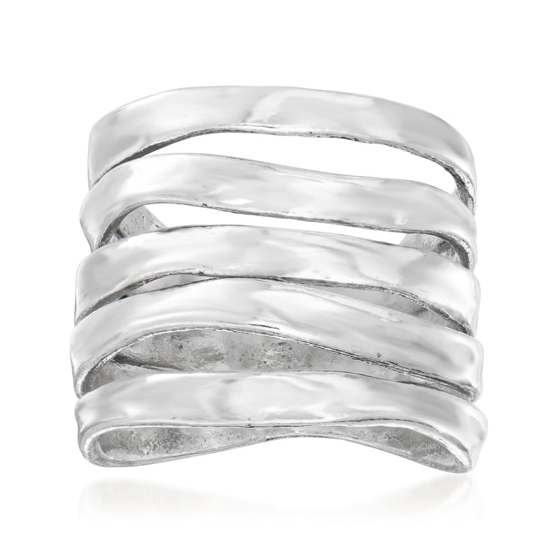 Sterling silver multi-row band ring with three stacked curved rows