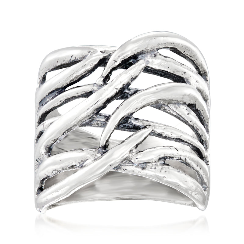 Sterling silver multi-row crisscross band ring with raised woven pattern