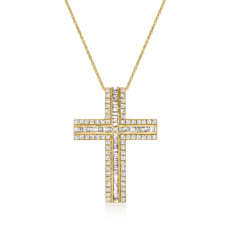 14kt yellow gold diamond cross pendant necklace, baguette and round stones