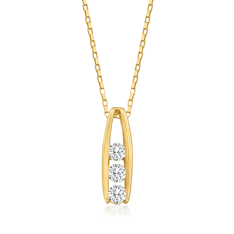 14kt yellow gold three-stone pendant necklace with three round channel-set diamonds