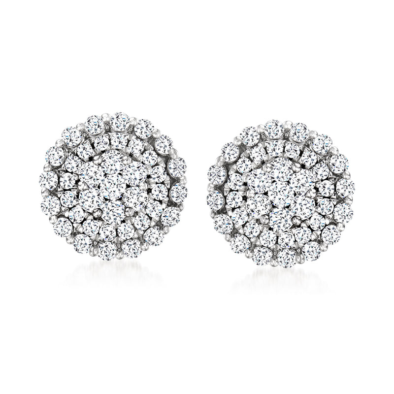 14kt white gold round diamond cluster stud earrings, post backs