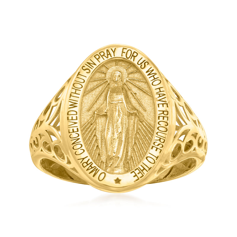 14kt yellow gold signet ring with raised Miraculous Medal and prayer text around center