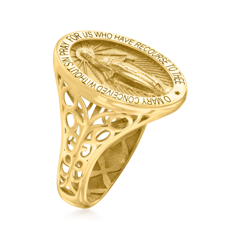 14kt yellow gold signet ring with cutout lattice sides and raised Miraculous Medal top