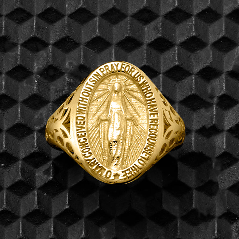 14kt yellow gold signet ring with Miraculous Medal medallion and engraved scripture band