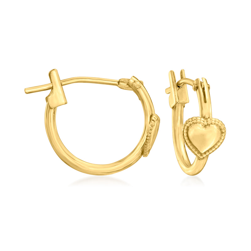14kt yellow gold heart hoop earrings with hinged clasp backs
