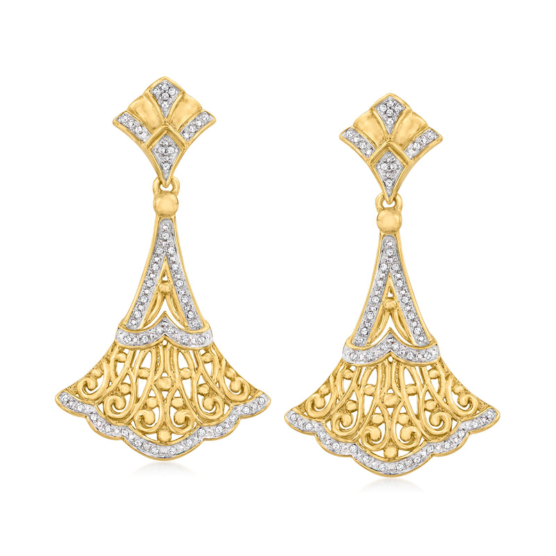 Gold fan-drop earrings with scalloped filigree and small clear stones