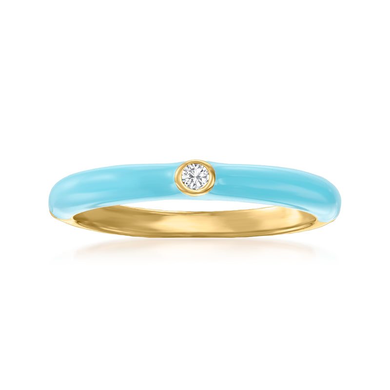 Light blue enamel ring with round CZ in gold bezel on a slim band