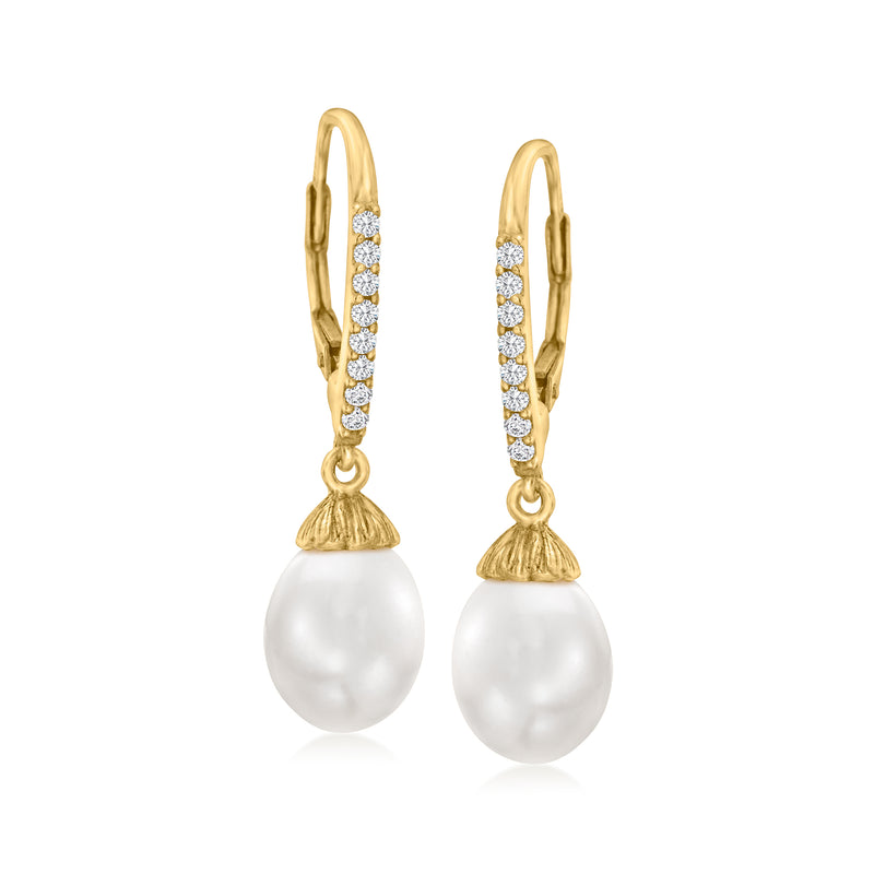 18kt gold over sterling leverback drop earrings with white cultured pearls and CZ accents