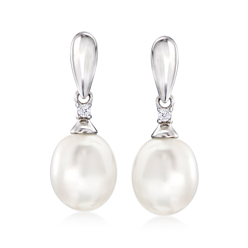 Sterling silver drop earrings with round white cultured pearl and small CZ accents