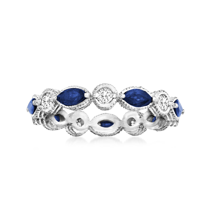 14k white gold eternity band with oval blue sapphires and round diamond accents