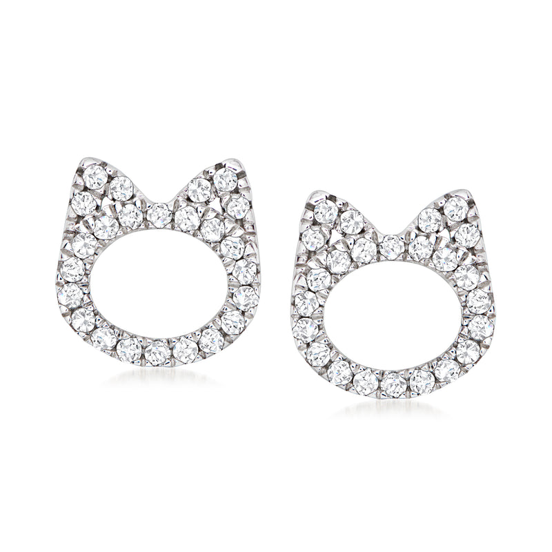 Sterling silver cat stud earrings with round-cut diamond accents