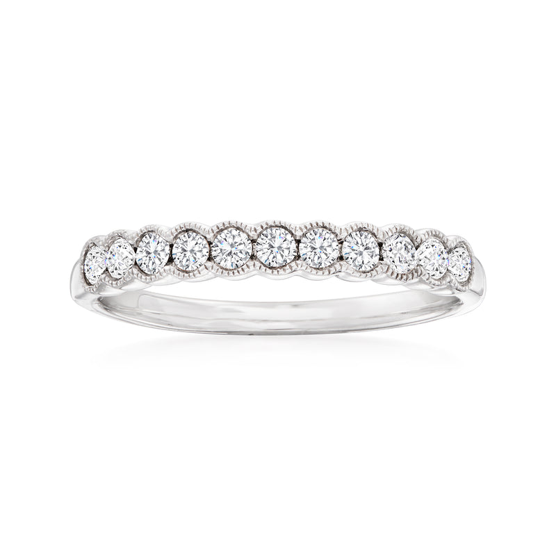 14kt white gold milgrain bezel-set diamond band ring with round stones across top
