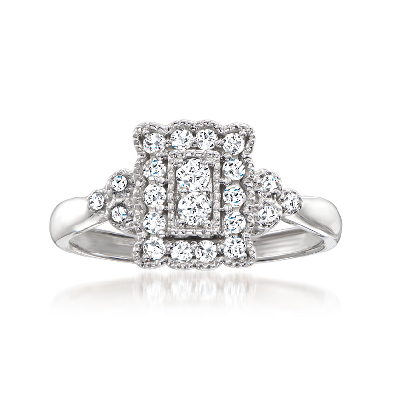 14kt white gold milgrain diamond halo ring with rectangular center and bright stones