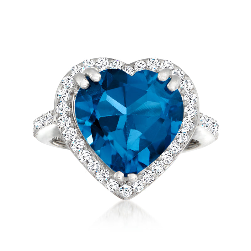 Heart-shaped London blue topaz ring in 14kt white gold with diamond halo