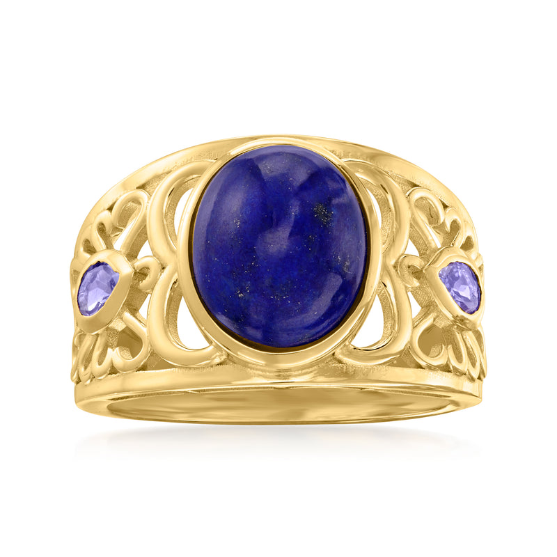 Gold over sterling ring with oval blue tanzanite center and two purple side stones