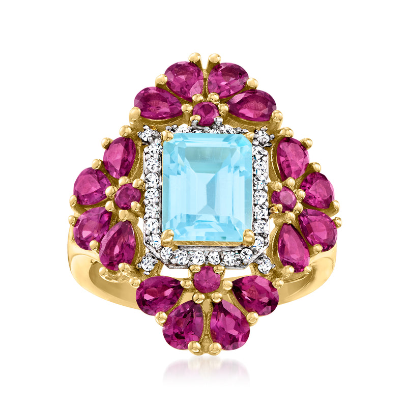 18kt gold over sterling ring with sky-blue square center stone and pink gemstone halo