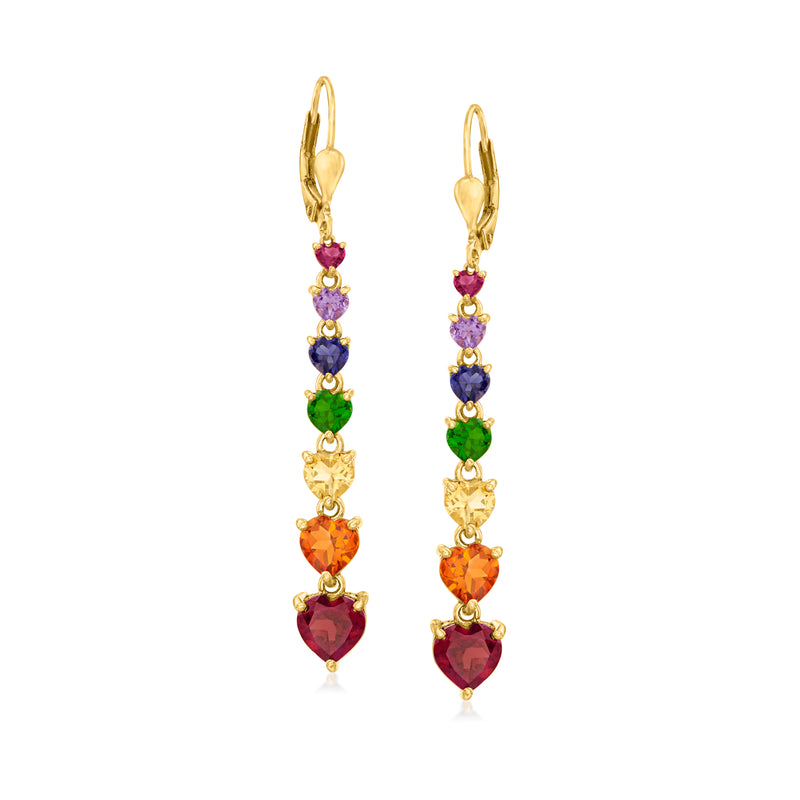 Gold-tone leverback heart-shaped drop earrings with multicolor gemstones