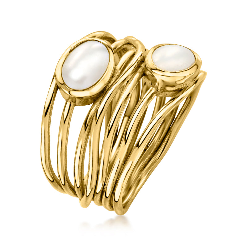 Gold-tone oval cultured pearl highway ring, side view with stacked bands